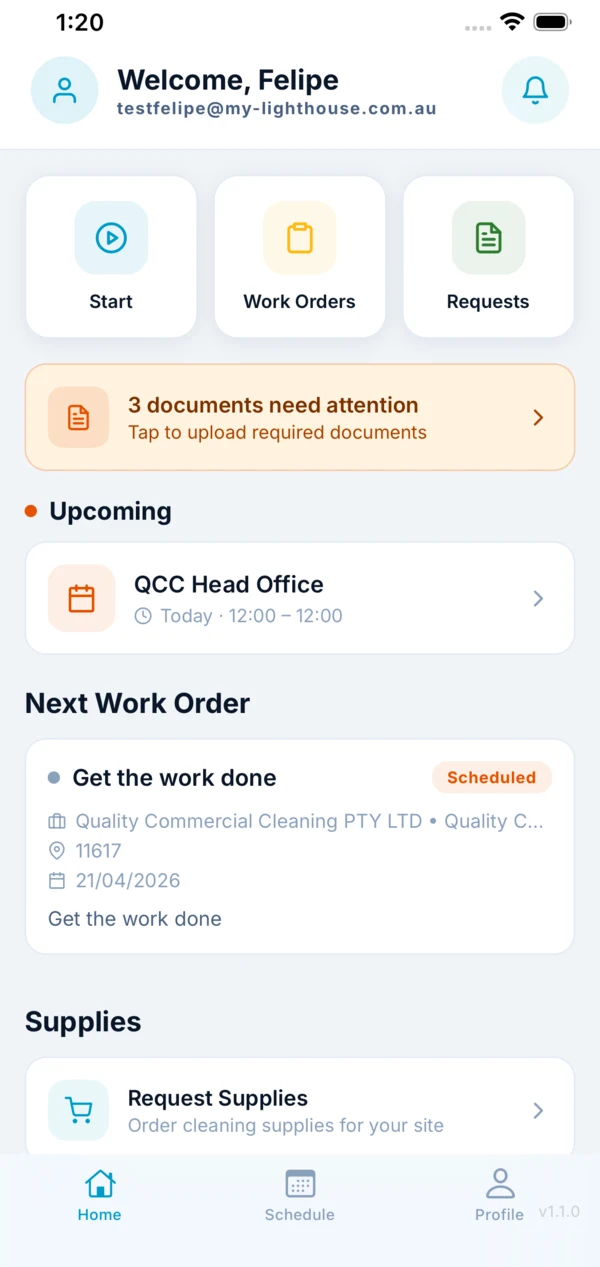 Boomerang app — Welcome dashboard with schedule